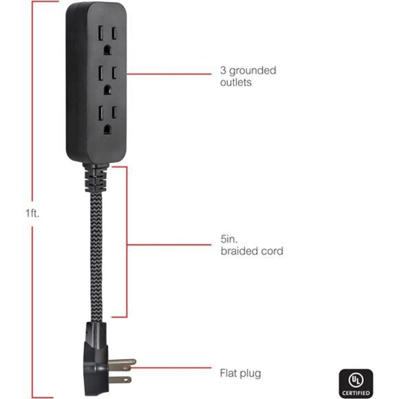 Designer 3-Outlet Power Strip, 1 Ft Braided Extension Cord, 3 Grounded - Picture 2 of 7